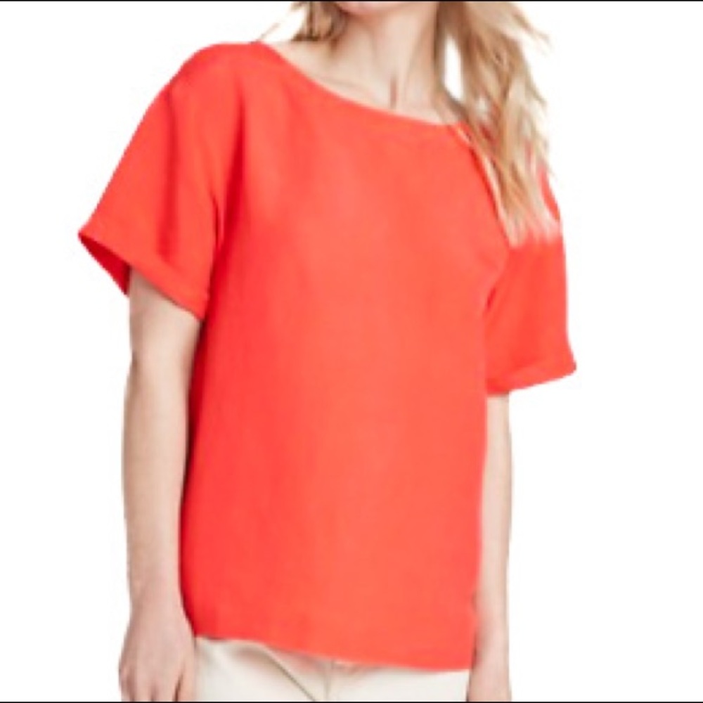 A New Day Coral Cuffed Linen Blend Boxy Top